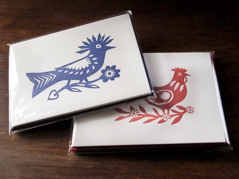 Polish Folk Art Letterpress Bird Cards - Combo set: 2 sets of 4 cards each