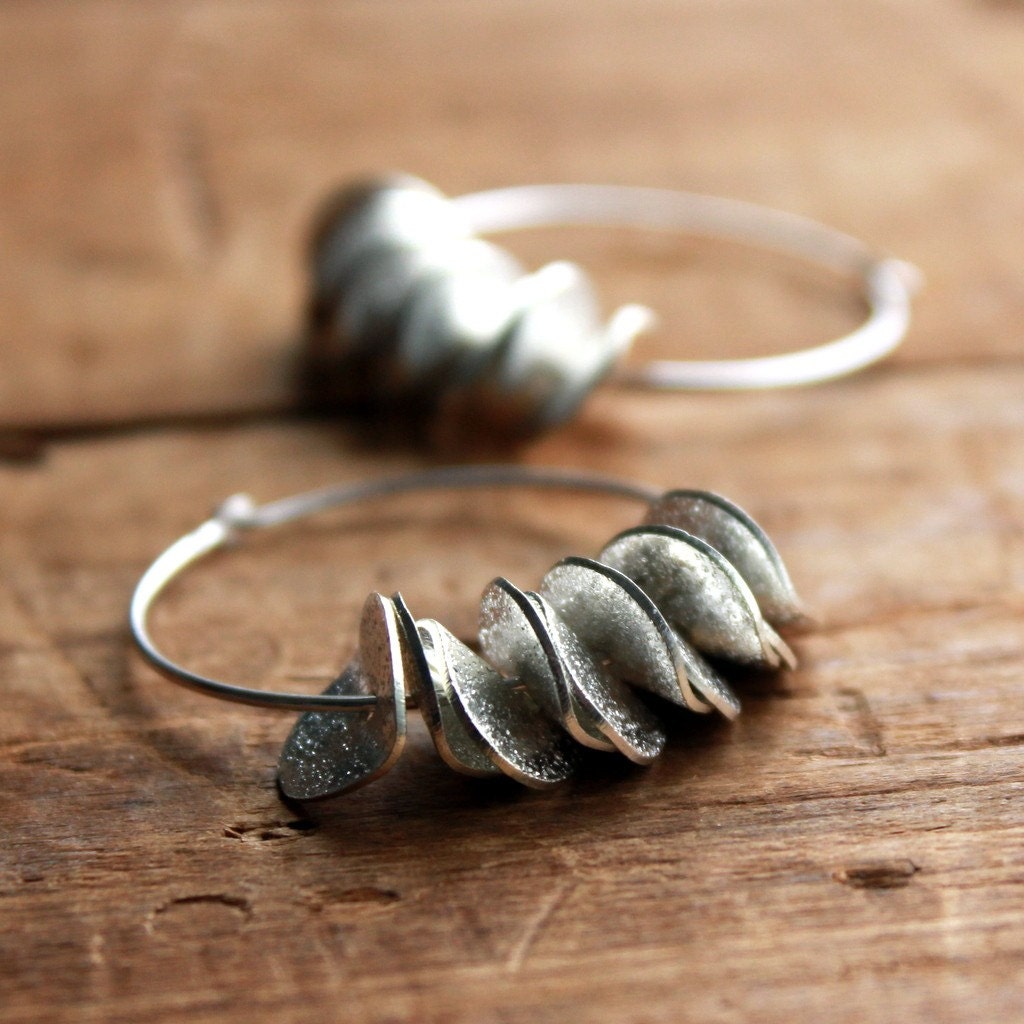 Large Silver Hoop Earrings in Sterling Silver with Ruffles - Petals Summer Fashion Modern Minimalist