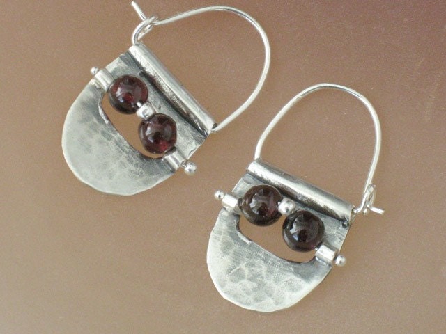 Silver garnet hoop earrings handmade sterling silver jewelry