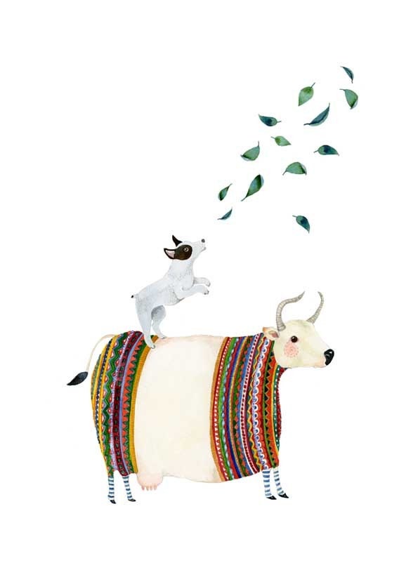 Dog Print Dog balancing on Cow barking at Leaves illustration 8x11
