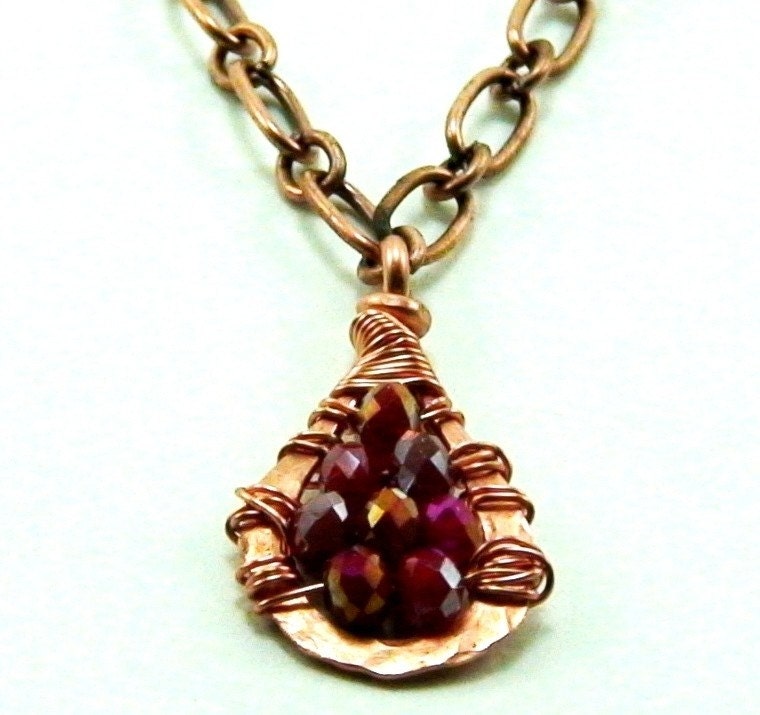 Seeds of Love -Copper Wirework Pendant Necklace with Red Crystals