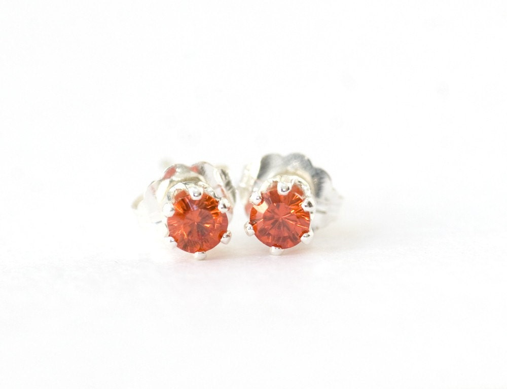 Tiny Orange Red CZ Sterling Silver Pierced Handmade Earrings Studs
