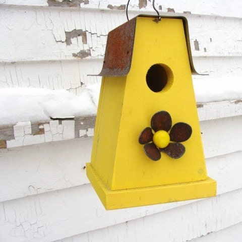 Rusty Metal Flower Birdhouse Metal Art Wall Decor Home Garden Industrial Chic Lemon Yellow Seaside Cottage French Country