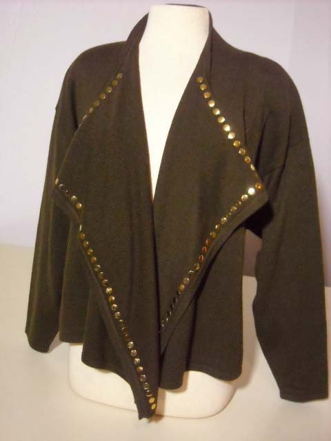 Vintage Eighties Open Front Brown Wool Cardigan Sweater with Metallic Studs by Suzelle