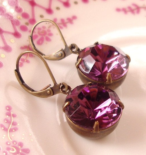 Vintage Round Rhinestone Earrings-Amethyst