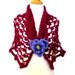 Crocheted Lace Shawl Wrap Cape Ruby Wine with Purple Flower Brooch