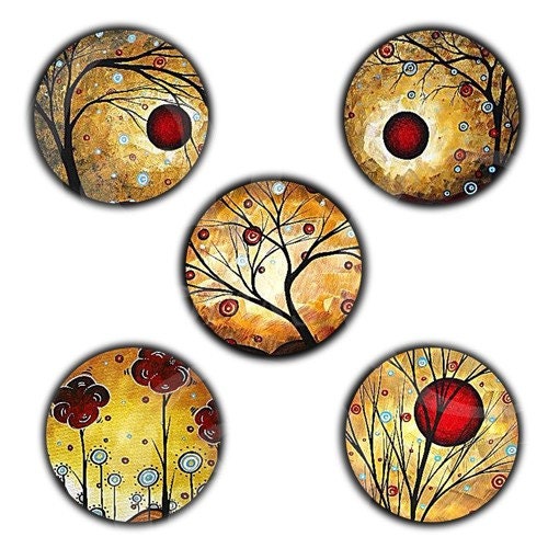 Sepia Autumn Glow Red Moons and Whimsical Trees - 1 Inch Pinback Buttons or Magnets or Flatback Medallions