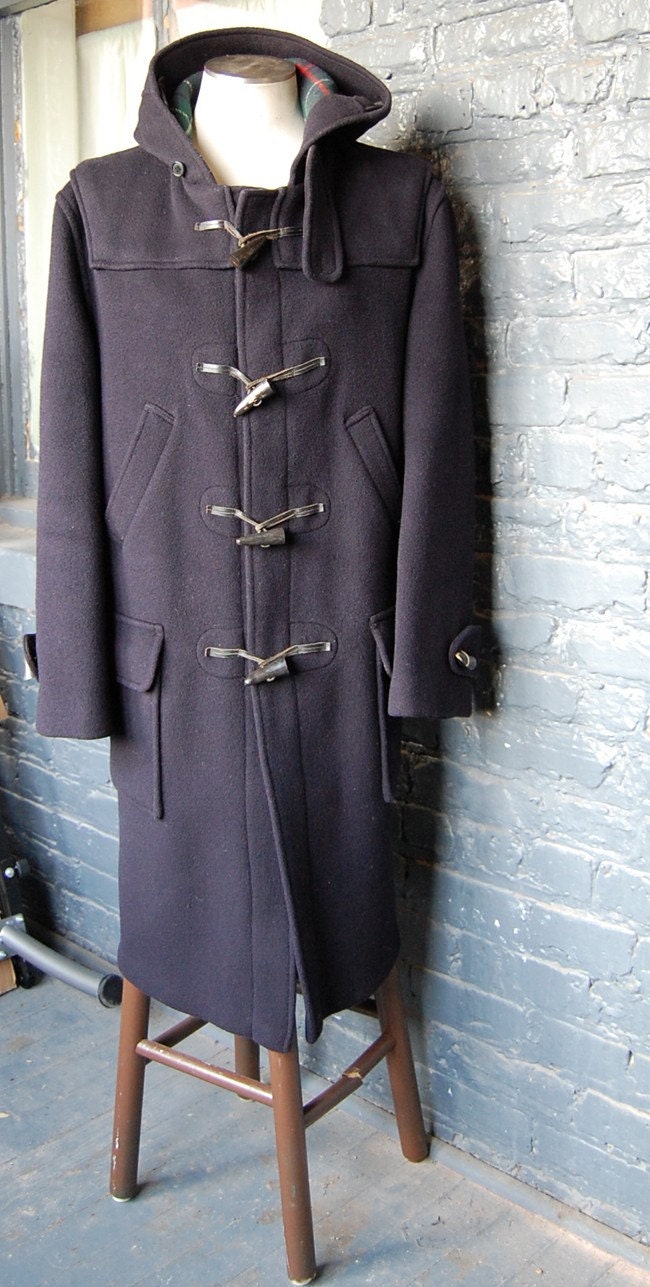Vintage Unisex Gloverall for Lands End Navy Pure Wool Duffle Toggle Coat Plaid Lining