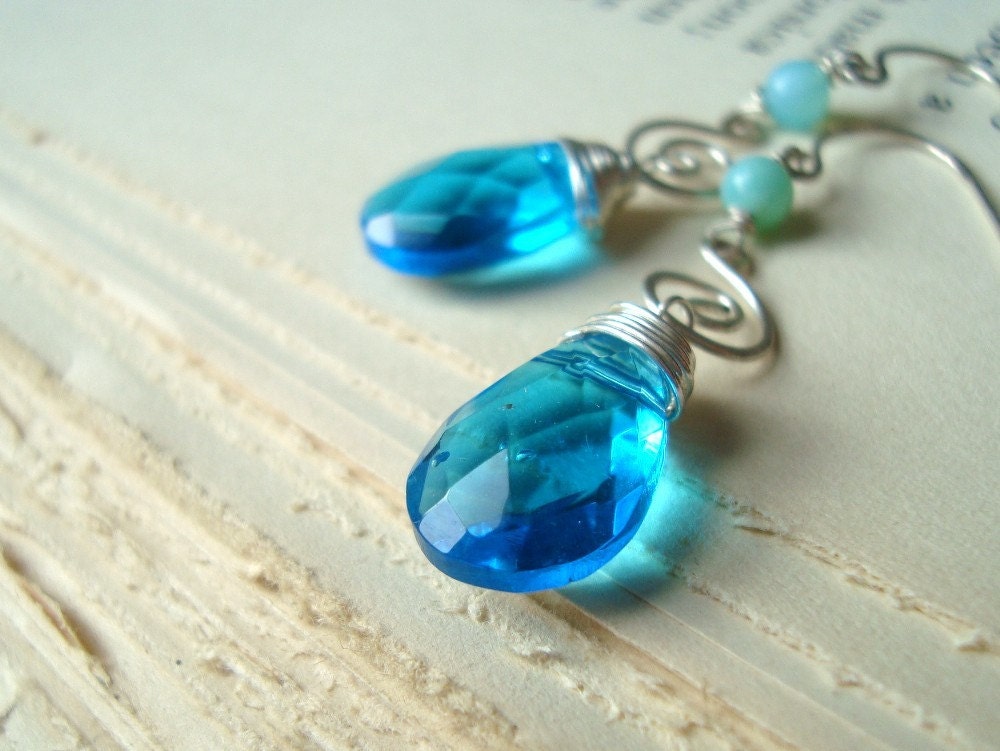 Aqua Briolette and Sterling Wire Spiral Earrings December Birthstone - Selena