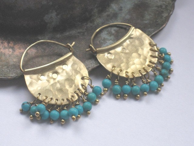 Gold Plated silver hoops and turquoise beads - handcrafted crescent 24k gold plated sterling silver jewelry