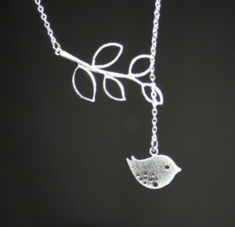 Bird Necklace Lariat Style with Leafy Branch in by smilesophie