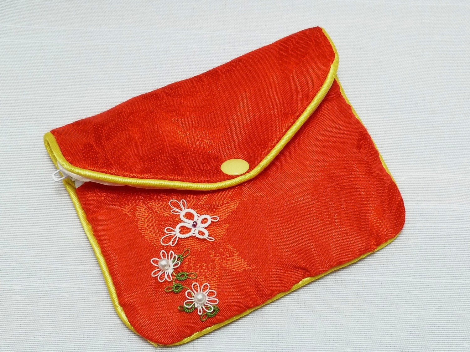 Silk Change Purse with Tatted lace flowers and butterfly