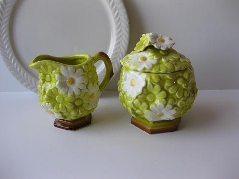 Vintage Flower Power Yellow and White Daisy Cream and Sugar Set