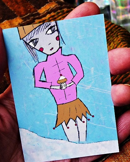 Winter Sinking Cupcake Girl: miniature print (ACEO) from original drawing