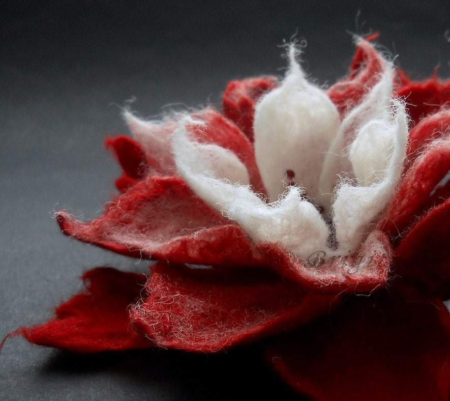 Vanilla Red Felt Flower Brooch Handmade to Order