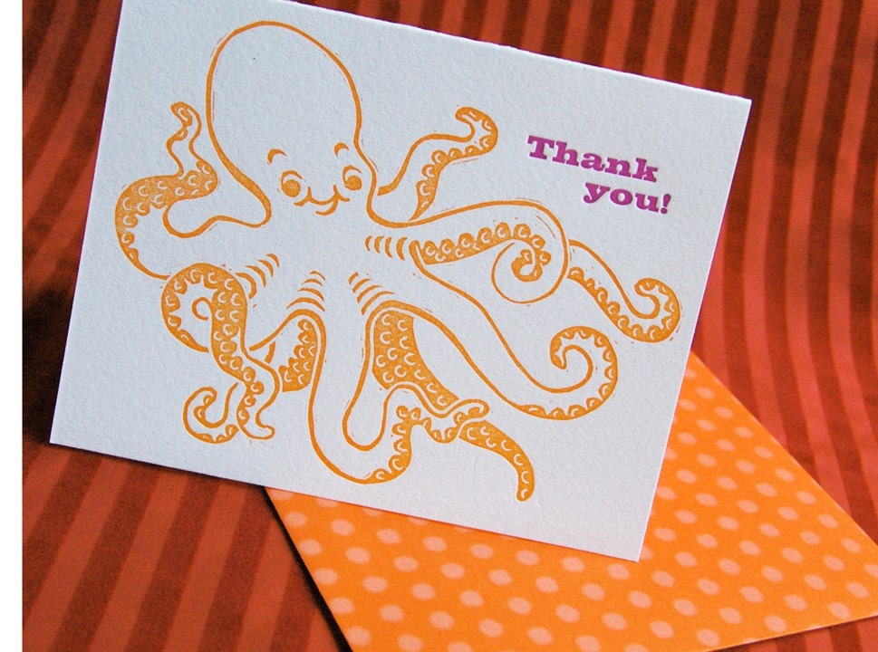 6 Thank You Octopus Letterpress Linocut Cards