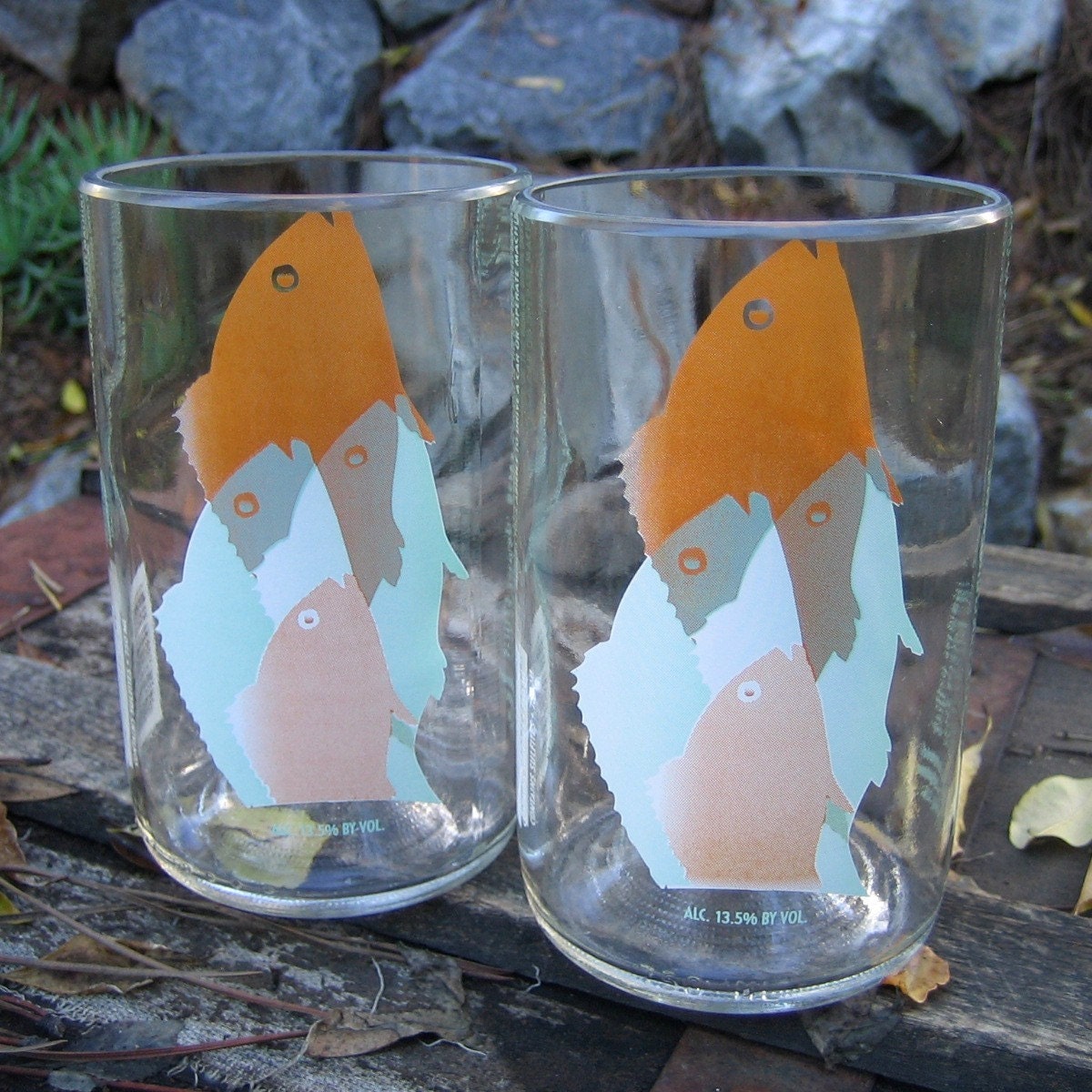 Recycled wine bottle tumblers -- Set of TWO 16oz  -- Great Fish Graphics