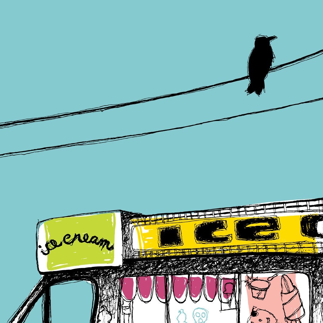 So Long Summer - ice cream truck & crow large poster art print in sky blue / raspberry pink / lemon and lime (18x24)