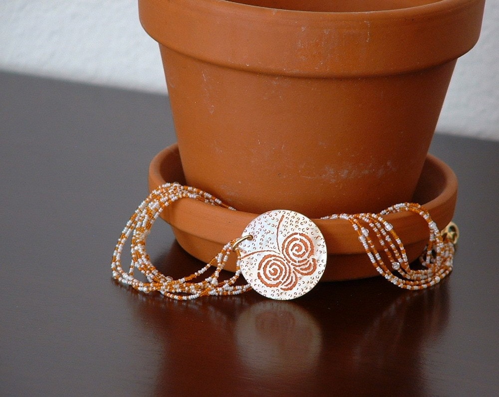 Orange and White Micro Seed Bead Necklace with Butterfly Pendant
