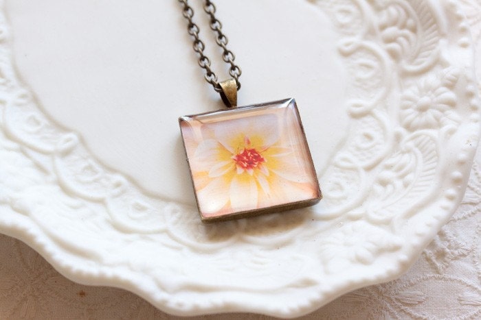 wearable art,antique bronze pendant necklace,pendant photo,pink flower pendant,square pendant photo necklace,pink and green