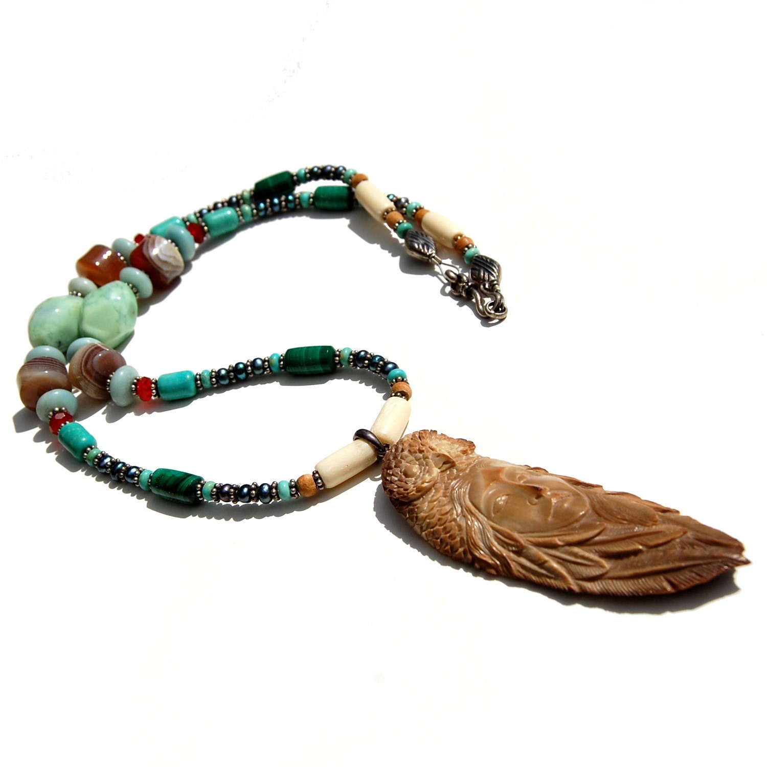 Genuine Carved Antler and Gemstone Necklace
