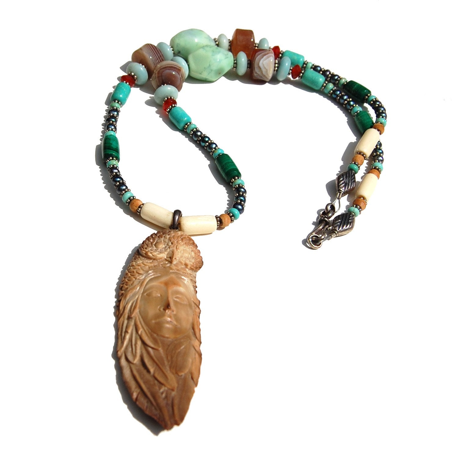 Genuine Carved Antler and Gemstone Necklace