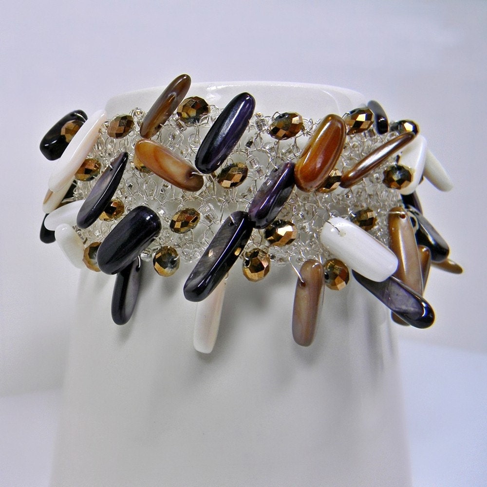 Wire Crochet Shell Bracelet Handmade - Wide - Clubbing - Trendy - Unique - Brown - Cream -Gift - Medium - Large - Women -  Under 100 Dollars