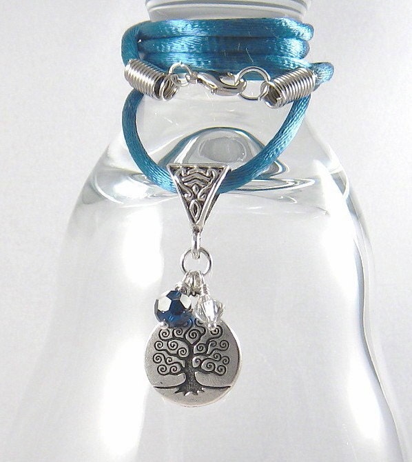 Tree of Life Necklace Teal Blue Satin Cord Nature Symbolic Fashion Jewelry