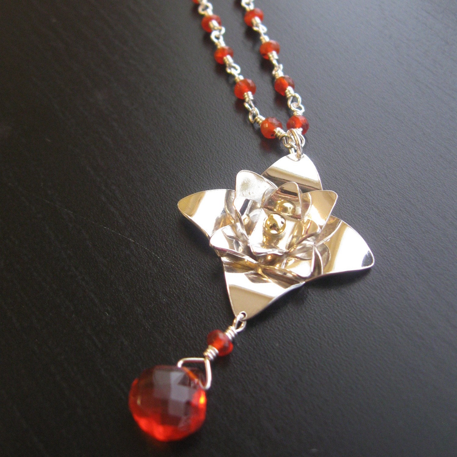 MY MOM'S FAVORITE Large Lotus Necklace with Fire opal