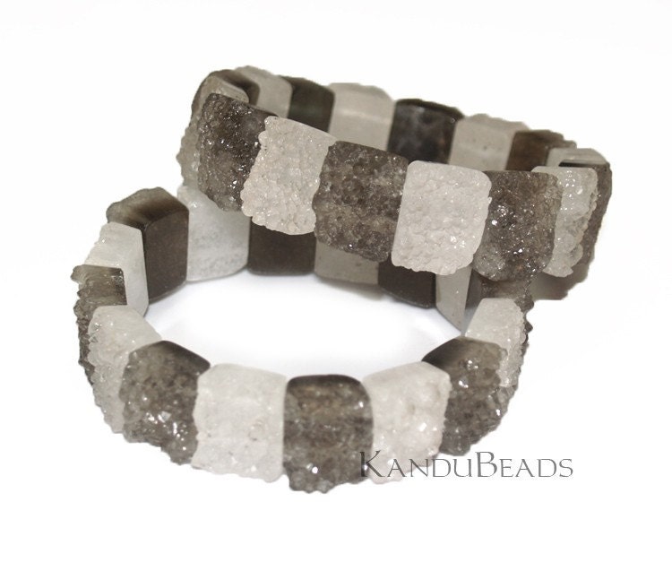 Smoky Quartz Druzy & Milk Quartz Druzy Bead Rectangle Beads 16 beads (2 holes per bead)