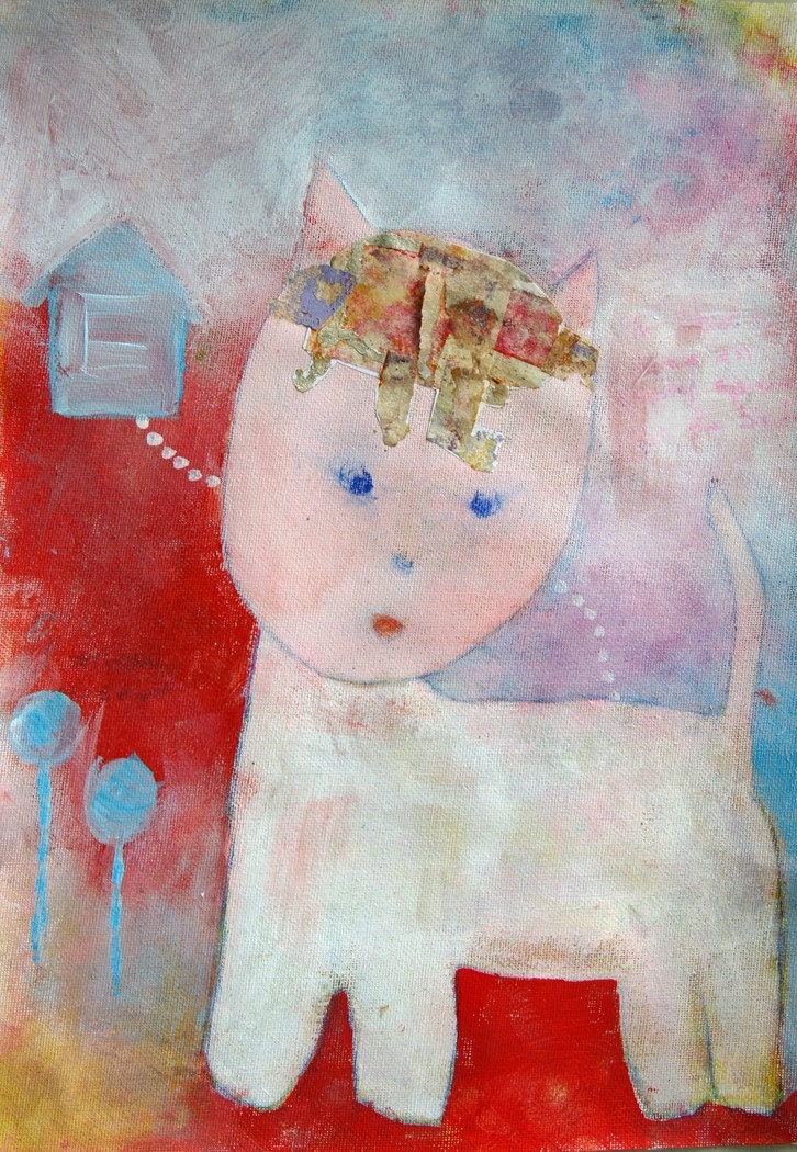 Naive Children's Art PINKIE CAT modern painting cat folk art animal fantasy outsider