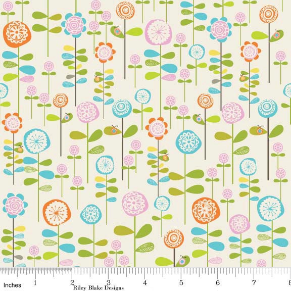 Bright Flower Garden Fabric, Happier from Riley Blake, Garden in White, 1 Yard