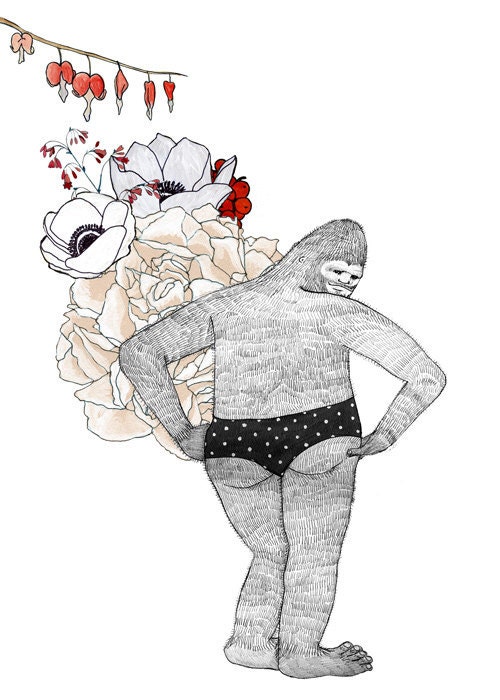 Bigfoot, flowers and panties, 5x7 print