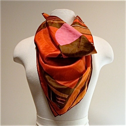 1960 sexy stewardess style mod vintage abstract square scarf pink brown orange red graphic design