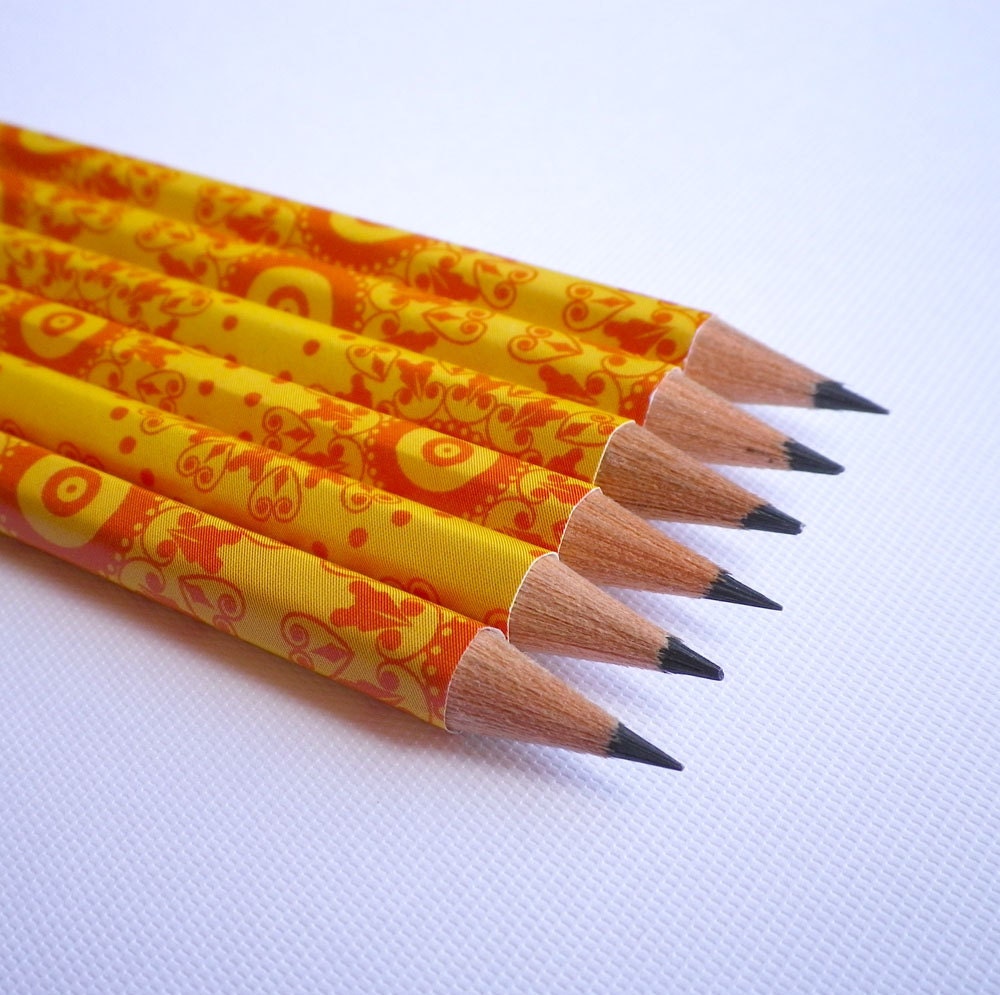 Set of 6  orange patterned handwrapped pencils