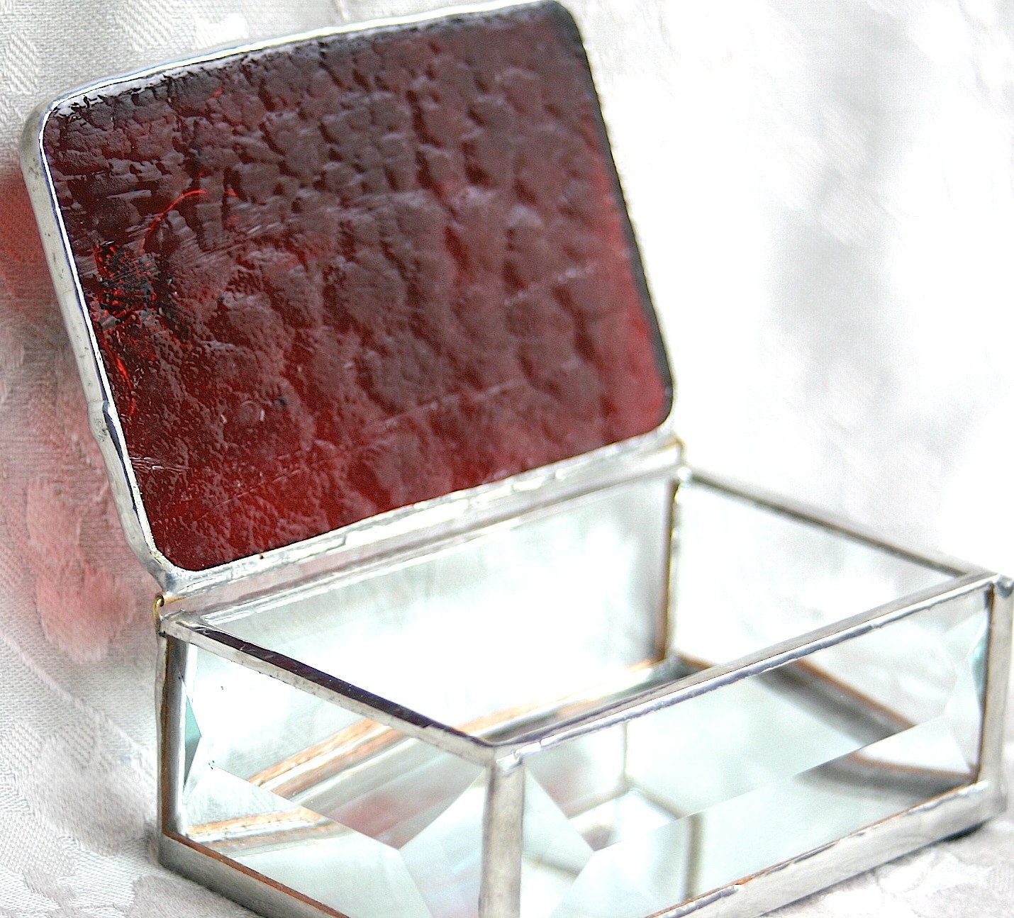 Cranberry Stained Glass Jewelry Box w/ Pewter Cast Butterfly