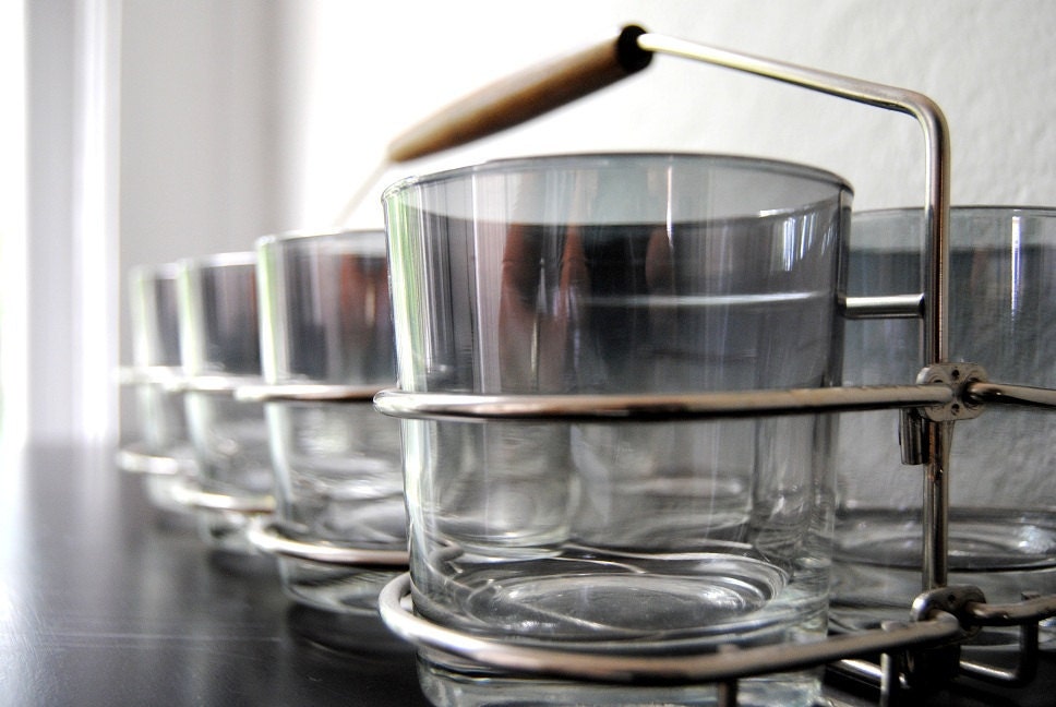 RESERVED FOR ANNAMARI Set Of 8 Vintage Mid Century Silver Cocktail Glasses Tumblers With Serving Caddy