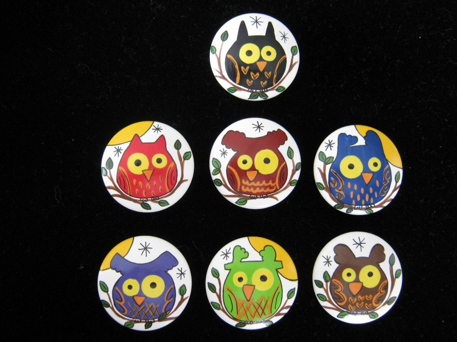 OWLS - Set of 7 - Hand Painted Drawer Knobs/Pulls - Includes NEW Designs and Colors