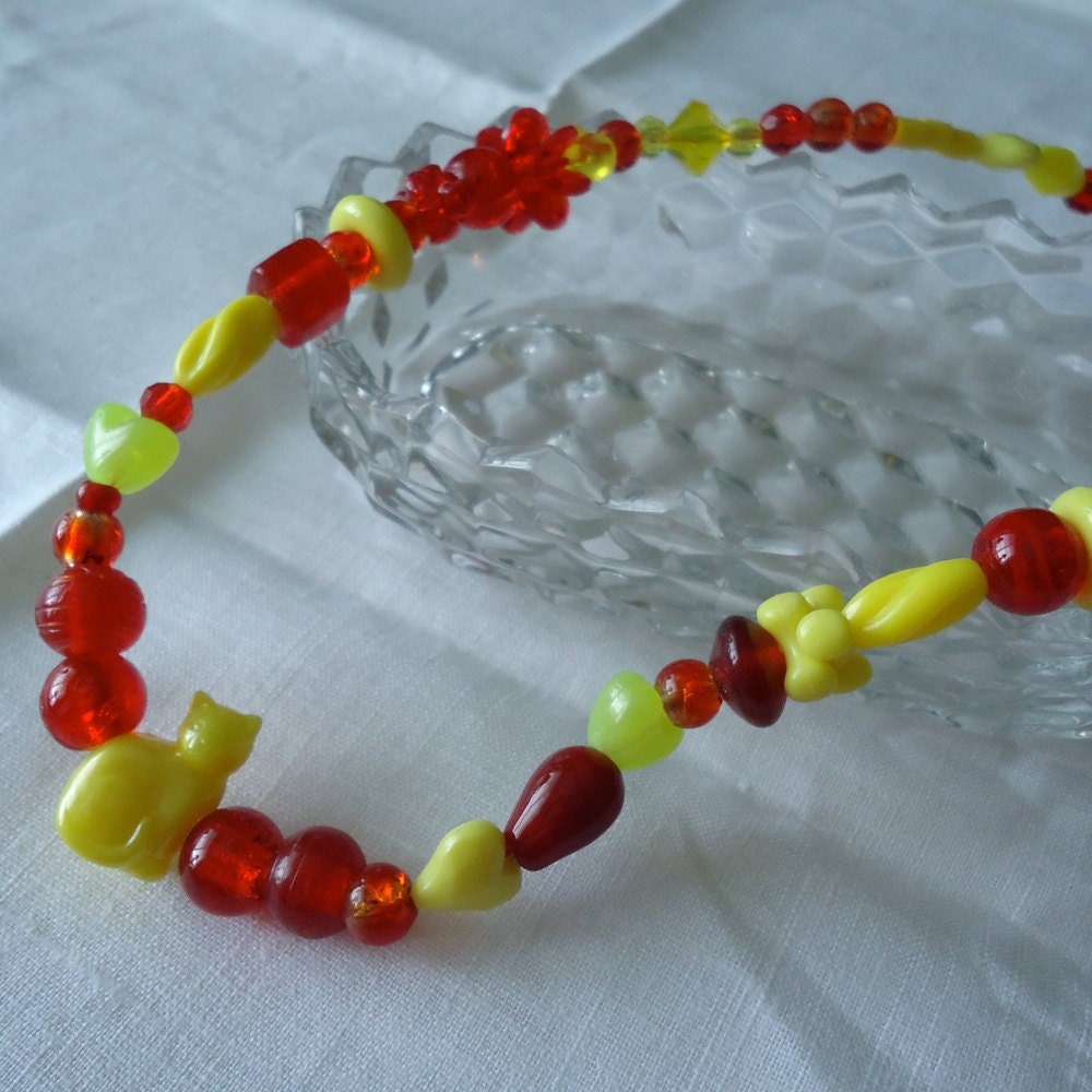 Wire-strung Beads - Red and Yellow Cat Necklace -- Treasury Featured