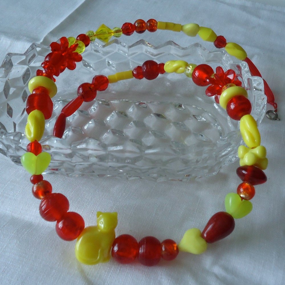 Wire-strung Beads - Red and Yellow Cat Necklace -- Treasury Featured