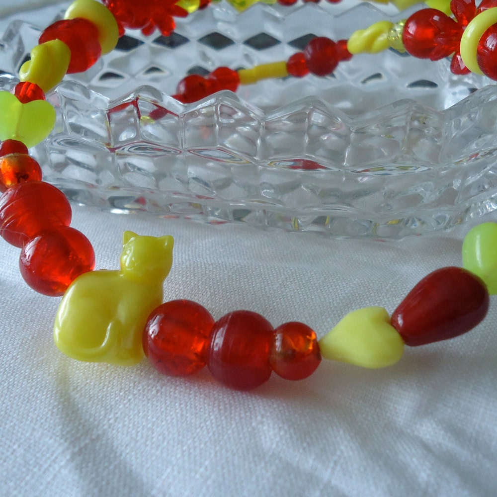 Wire-strung Beads - Red and Yellow Cat Necklace -- Treasury Featured