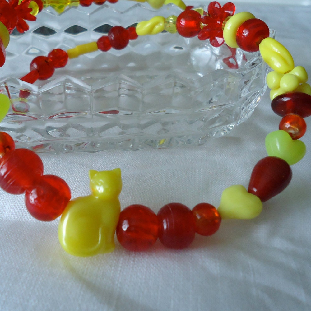 Wire-strung Beads - Red and Yellow Cat Necklace -- Treasury Featured