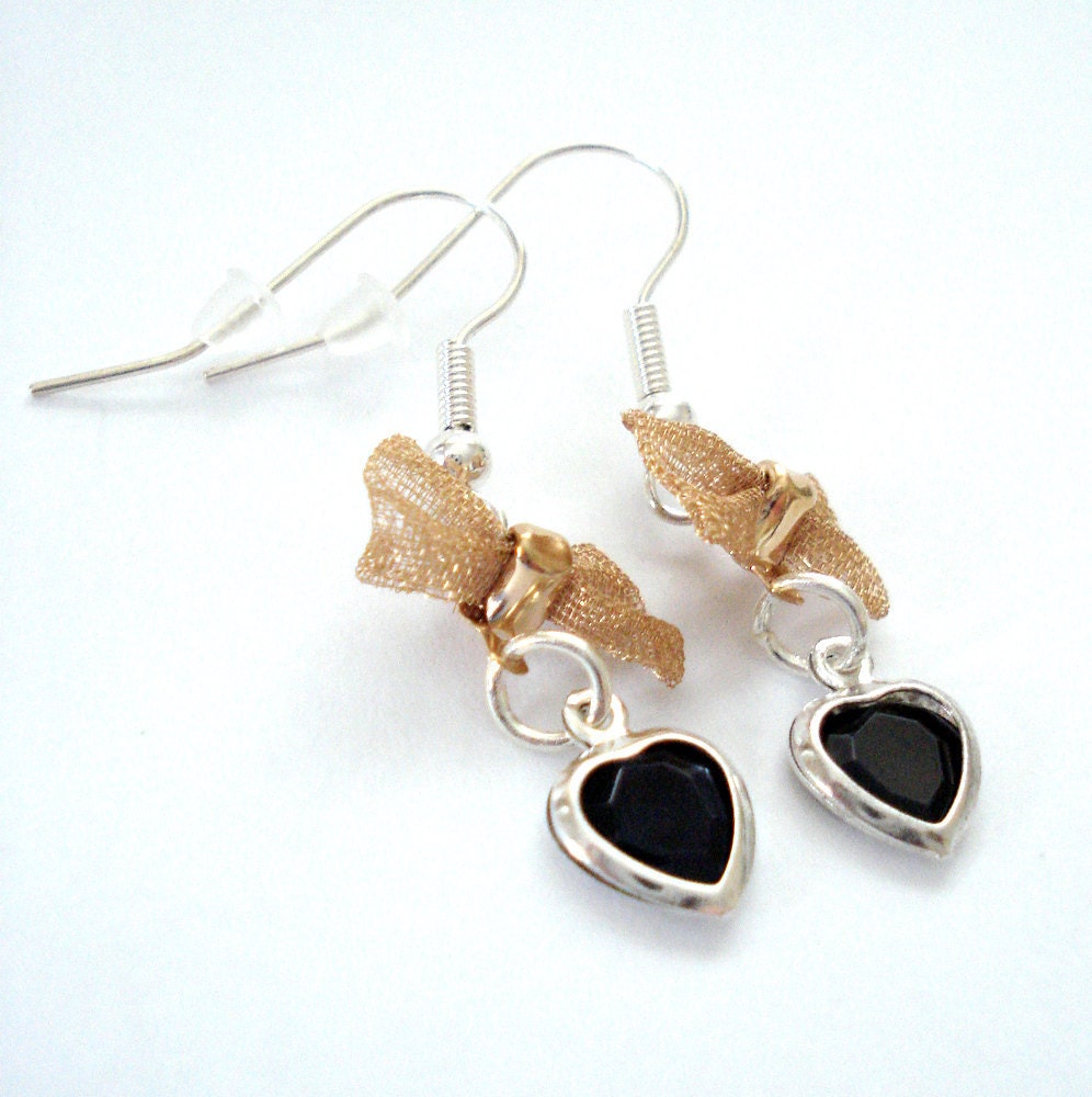 Victorian Style Earrings, Black Hearts, Tiny Mesh Bows