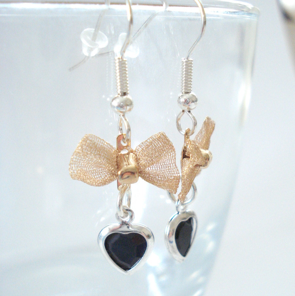 Victorian Style Earrings, Black Hearts, Tiny Mesh Bows