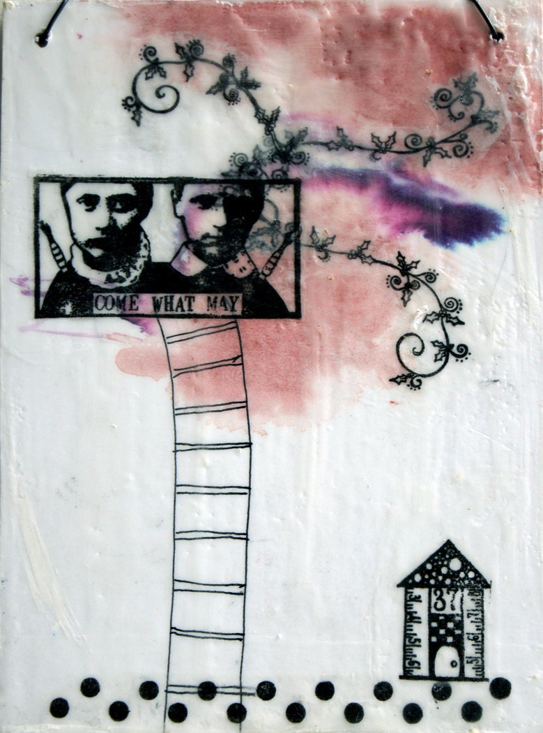 Encaustic Wax Wallhanging COME WHAT MAY tree house ladder children boys