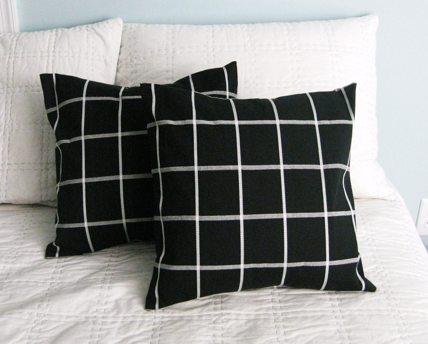 Black and Off White Windowpane Pillow Covers 16x16 Set of 2
