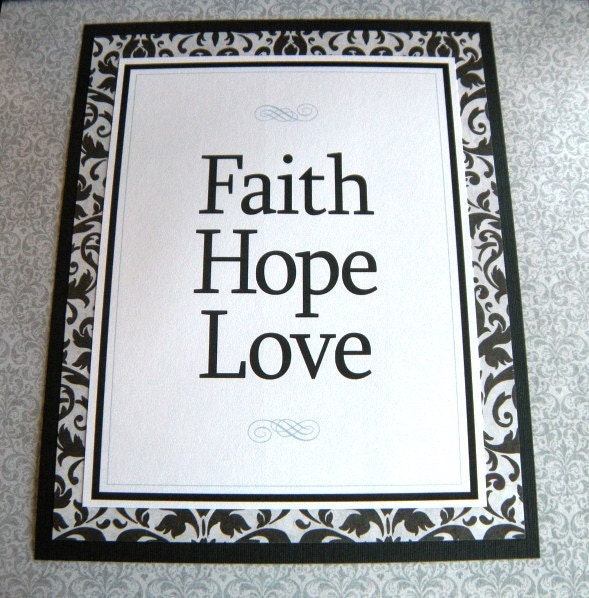 SALE 8x10 Flat Faith Hope and Love Wedding Sign in Black and Platinum Damask Paper  - Ready to Ship