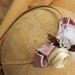 Dusty Rose Satin Bow Headband featuring vintage Lace hand dyed ribbon Rolled Rosette and Vintage Bling Center on metal headband