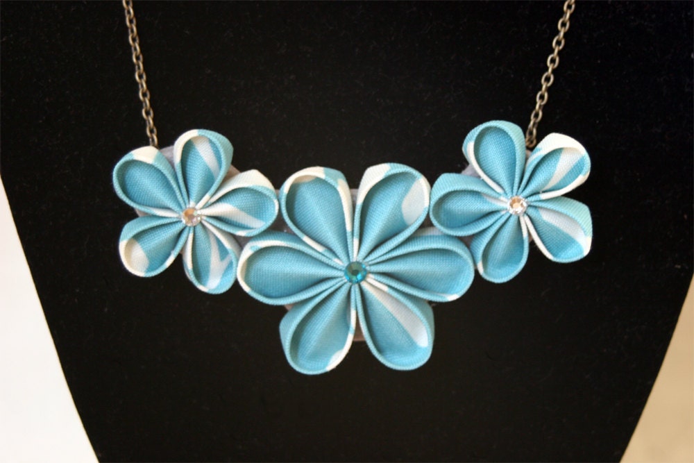 SALE Turquoise blue kanzashi bib necklace