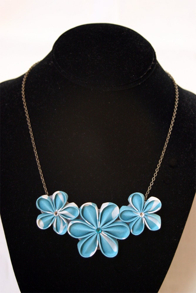 SALE Turquoise blue kanzashi bib necklace